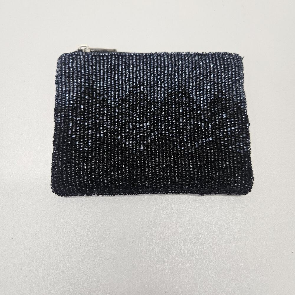 Y2K Vintage Beaded Black Blue Change Purse Zip Wallet 5"x 3 1/2" Glam Whimsigoth